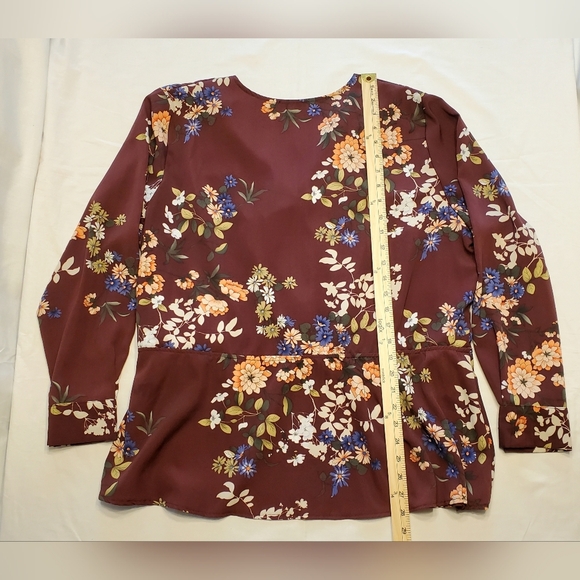 Dex Women's Plus Size 2XL Floral Faux Wrap Top Long Sleeved Elastic Waist Wine - Picture 2 of 7